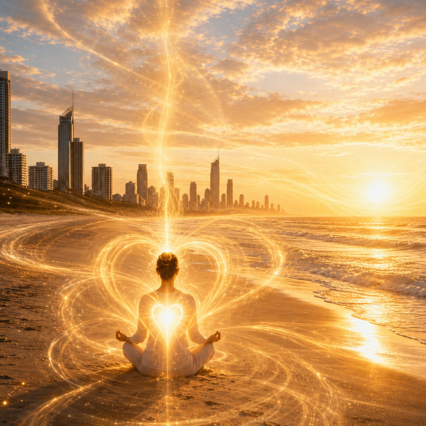 A person walking beside the sea on reflective wet sand at golden sunrise on the Gold Coast, Australia