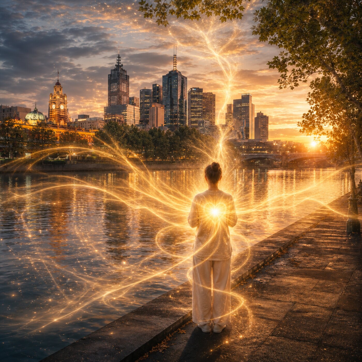 A person meditating beneath a large tree beside water at rose-gold sunrise in a Melbourne garden