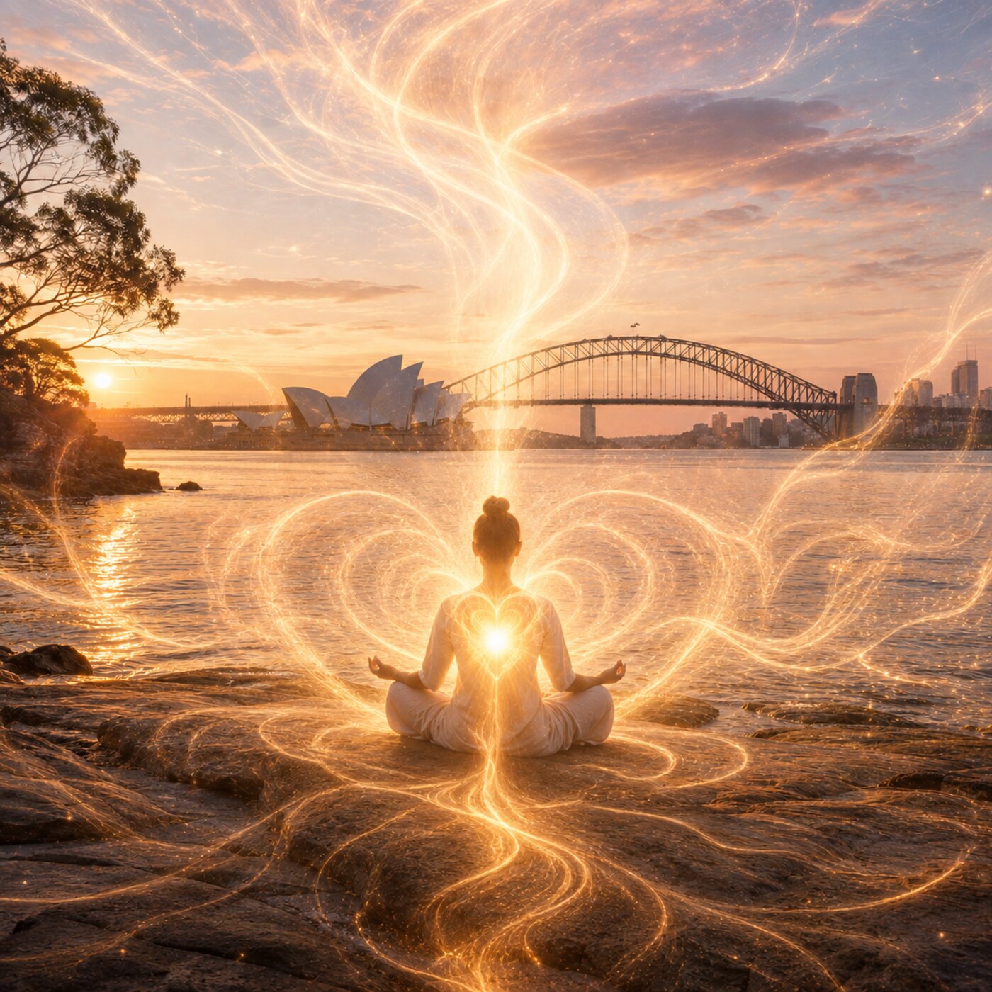 A person in peaceful standing meditation beside Sydney Harbour at dawn with the Opera House in the distance
